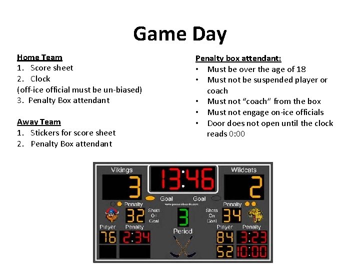 Game Day Home Team 1. Score sheet 2. Clock (off ice official must be