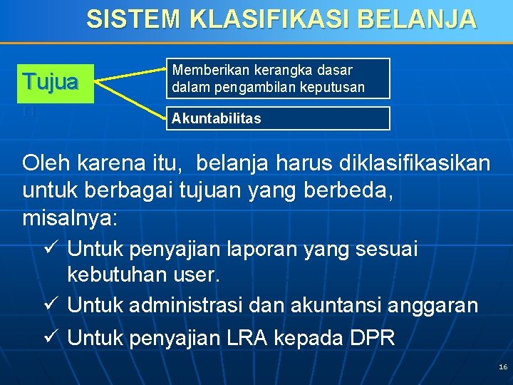 SISTEM KLASIFIKASI BELANJA Tujua n Memberikan kerangka dasar dalam pengambilan keputusan Akuntabilitas Oleh karena