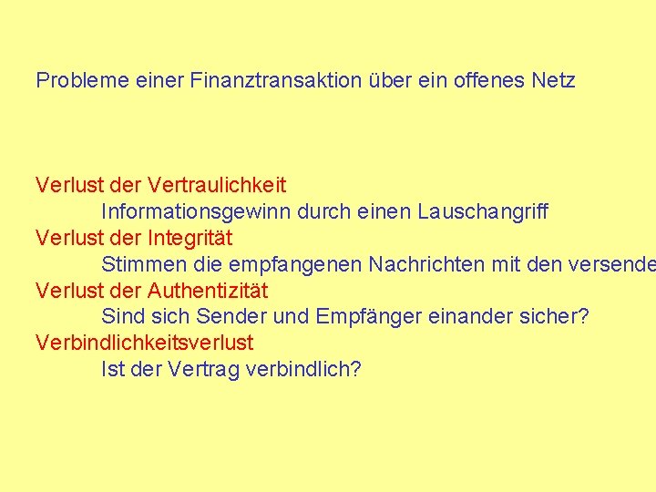 Probleme einer Finanztransaktion über ein offenes Netz Verlust der Vertraulichkeit Informationsgewinn durch einen Lauschangriff