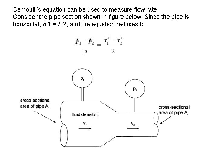 Bernoulli’s equation can be used to measure flow rate. Consider the pipe section shown