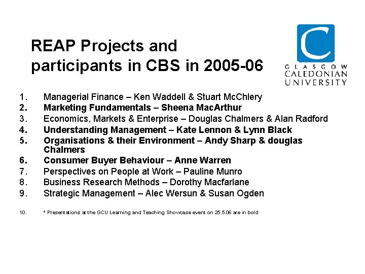 REAP Projects and participants in CBS in 2005 -06 1. 2. 3. 4. 5.