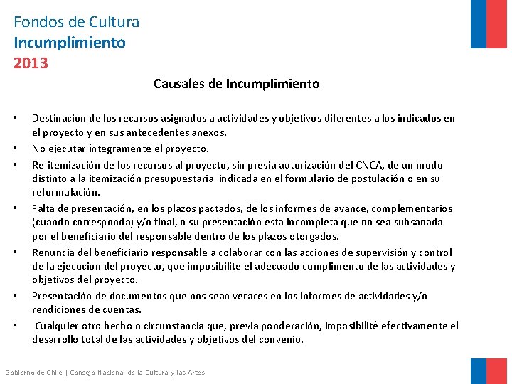 Fondos de Cultura Incumplimiento 2013 Causales de Incumplimiento • • Destinación de los recursos