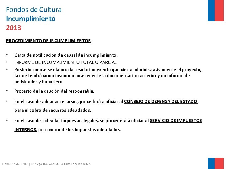 Fondos de Cultura Incumplimiento 2013 PROCEDIMIENTO DE INCUMPLIMIENTOS • • • Carta de notificación