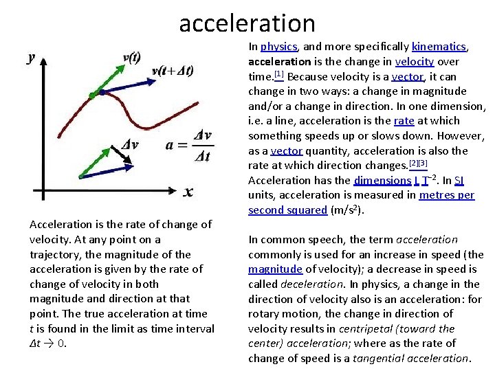 acceleration Acceleration is the rate of change of velocity. At any point on a