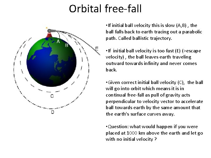 Orbital free-fall • If initial ball velocity this is slow (A, B) , the