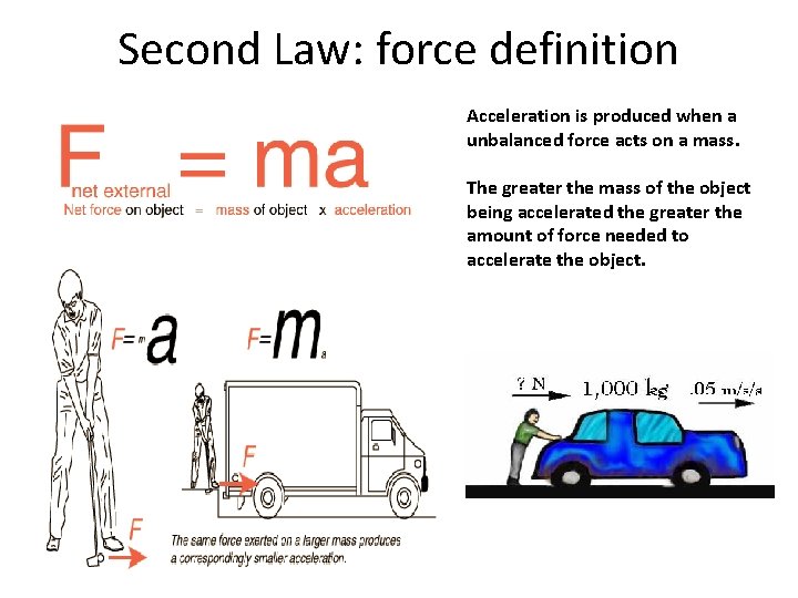 Second Law: force definition Acceleration is produced when a unbalanced force acts on a