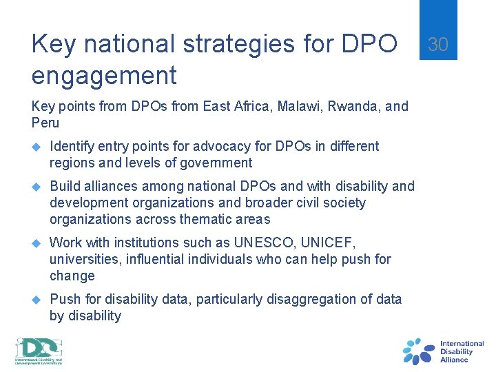 Key national strategies for DPO engagement Key points from DPOs from East Africa, Malawi,