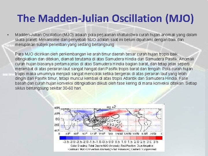 The Madden-Julian Oscillation (MJO) • Madden-Julian Oscillation (MJO) adalah pola perjalanan khatulistiwa curah hujan The Madden-Julian Oscillation (MJO) • Madden-Julian Oscillation (MJO) adalah pola perjalanan khatulistiwa curah hujan