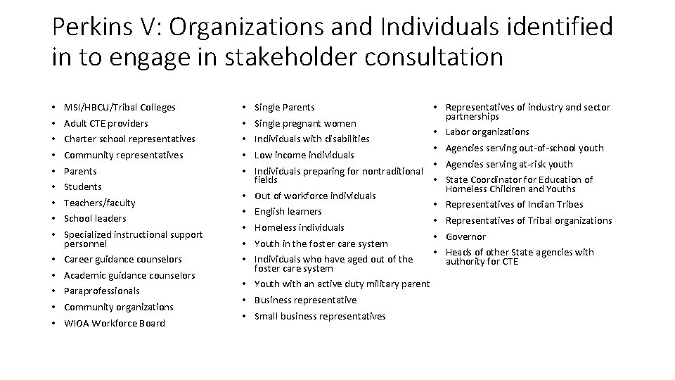 Perkins V: Organizations and Individuals identified in to engage in stakeholder consultation • •