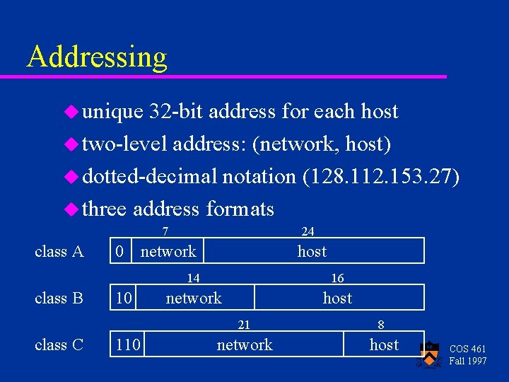 Addressing u unique 32 -bit address for each host u two-level address: (network, host)