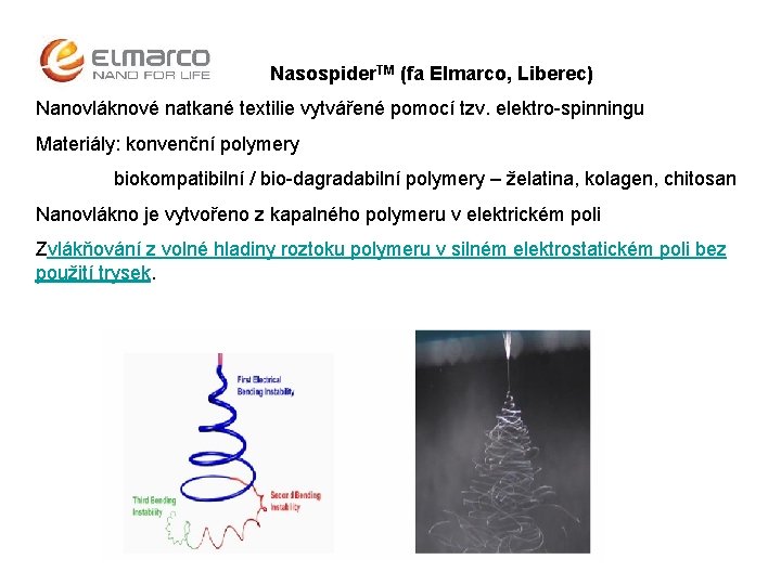 Nasospider. TM (fa Elmarco, Liberec) Nanovláknové natkané textilie vytvářené pomocí tzv. elektro-spinningu Materiály: konvenční