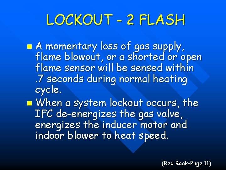 LOCKOUT - 2 FLASH A momentary loss of gas supply, flame blowout, or a