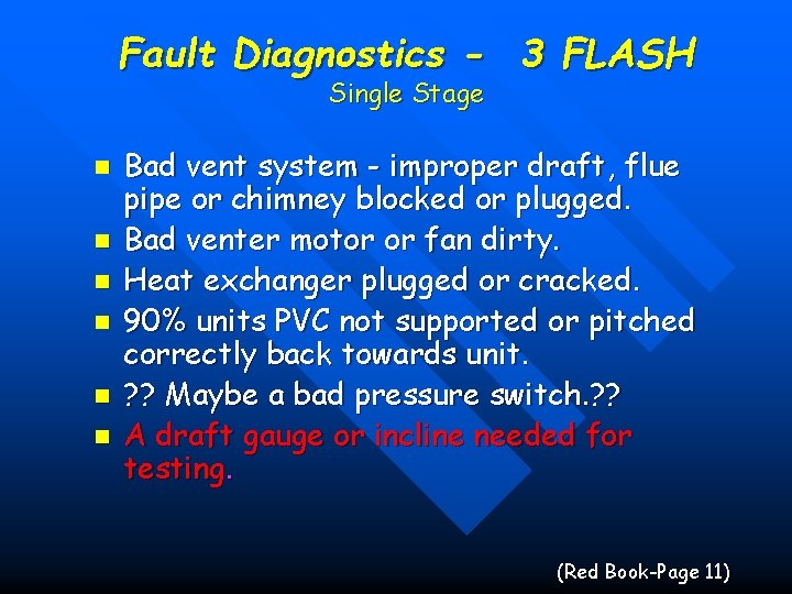 Fault Diagnostics - 3 FLASH Single Stage n n n Bad vent system -