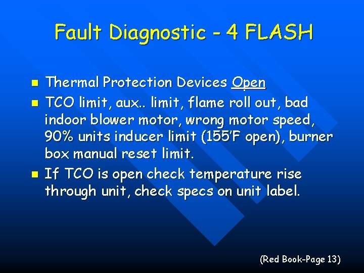 Fault Diagnostic - 4 FLASH n n n Thermal Protection Devices Open TCO limit,