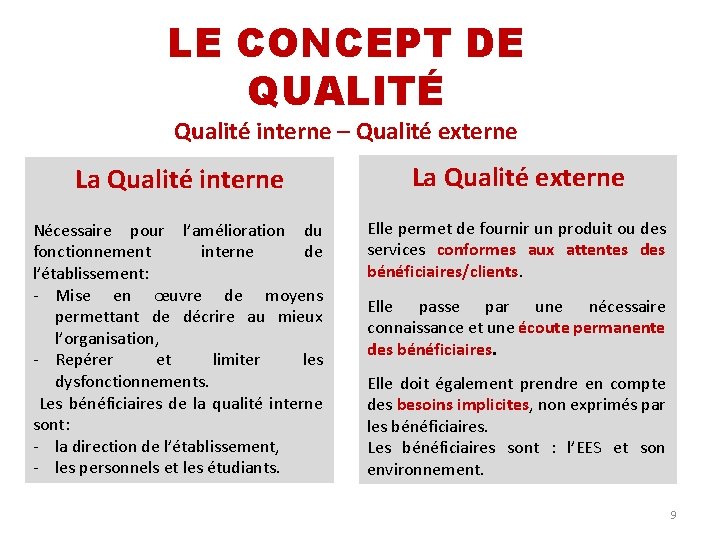 LE CONCEPT DE QUALITÉ Qualité interne – Qualité externe La Qualité interne La Qualité