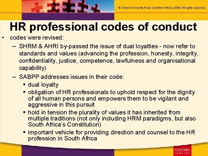 © Oxford University Press Southern Africa, 2008. All rights reserved. HR professional codes of