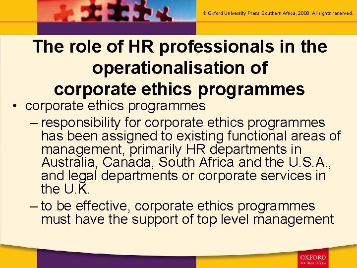 © Oxford University Press Southern Africa, 2008. All rights reserved. The role of HR