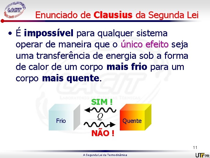 Enunciado de Clausius da Segunda Lei • É impossível para qualquer sistema operar de