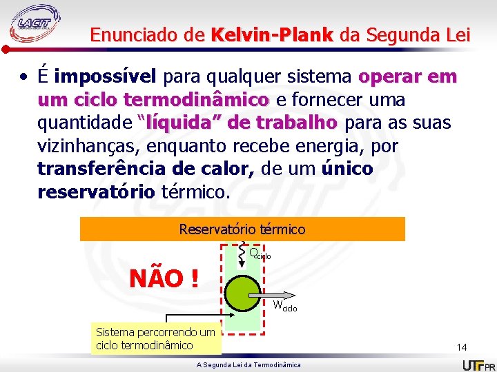 Enunciado de Kelvin-Plank da Segunda Lei • É impossível para qualquer sistema operar em