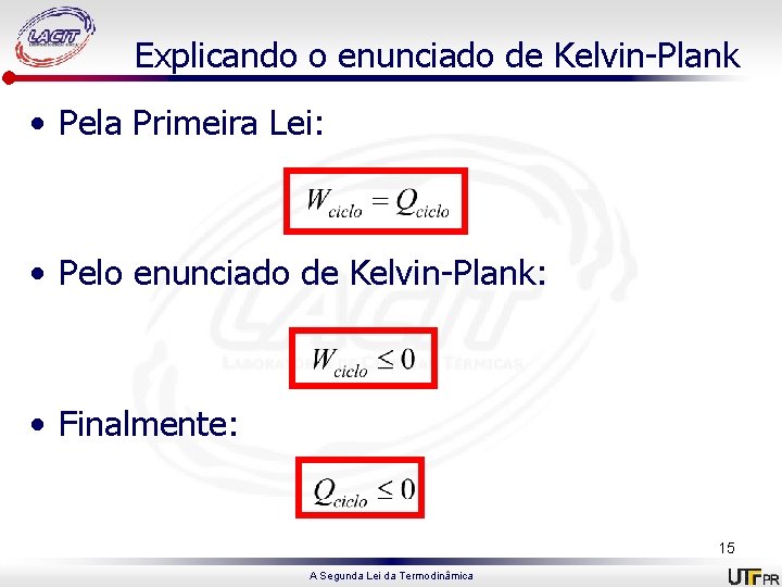 Explicando o enunciado de Kelvin-Plank • Pela Primeira Lei: • Pelo enunciado de Kelvin-Plank: