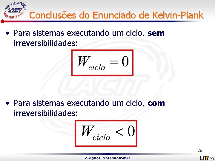 Conclusões do Enunciado de Kelvin-Plank • Para sistemas executando um ciclo, sem irreversibilidades: •