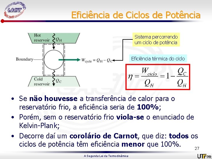 Eficiência de Ciclos de Potência Sistema percorrendo um ciclo de potência Eficiência térmica do