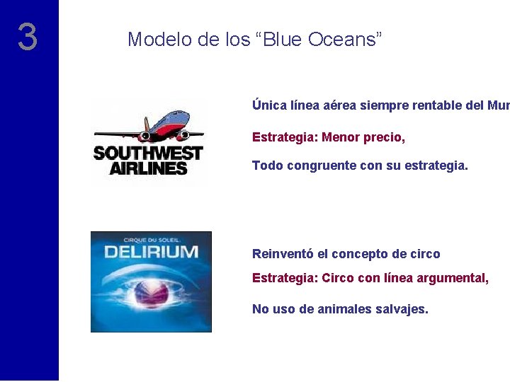 3 Modelo de los “Blue Oceans” Única línea aérea siempre rentable del Mun Estrategia: