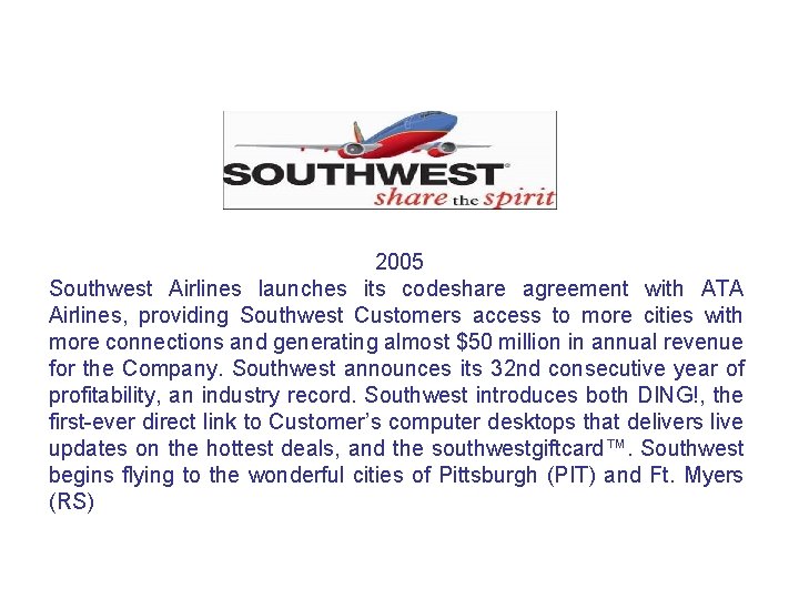 2005 Southwest Airlines launches its codeshare agreement with ATA Airlines, providing Southwest Customers access