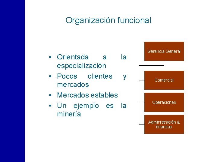 Organización funcional • Orientada a la especialización • Pocos clientes y mercados • Mercados