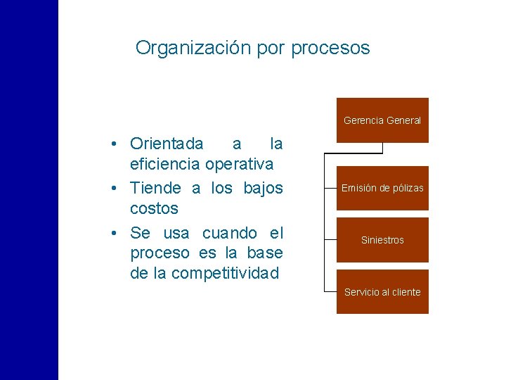 Organización por procesos Gerencia General • Orientada a la eficiencia operativa • Tiende a