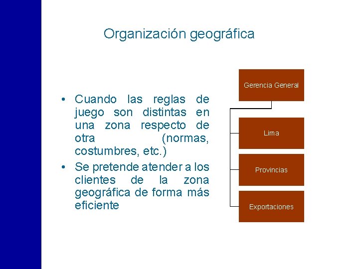 Organización geográfica Gerencia General • Cuando las reglas de juego son distintas en una