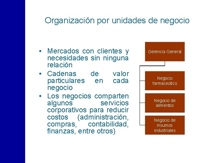 Organización por unidades de negocio • Mercados con clientes y necesidades sin ninguna relación