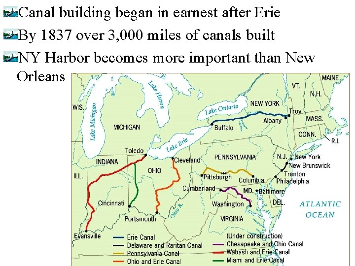 Canal building began in earnest after Erie By 1837 over 3, 000 miles of