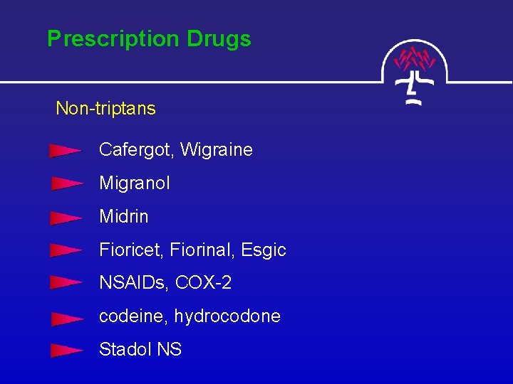 Prescription Drugs Non-triptans Cafergot, Wigraine Migranol Midrin Fioricet, Fiorinal, Esgic NSAIDs, COX-2 codeine, hydrocodone