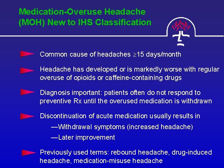Medication-Overuse Headache (MOH) New to IHS Classification Common cause of headaches 15 days/month Headache