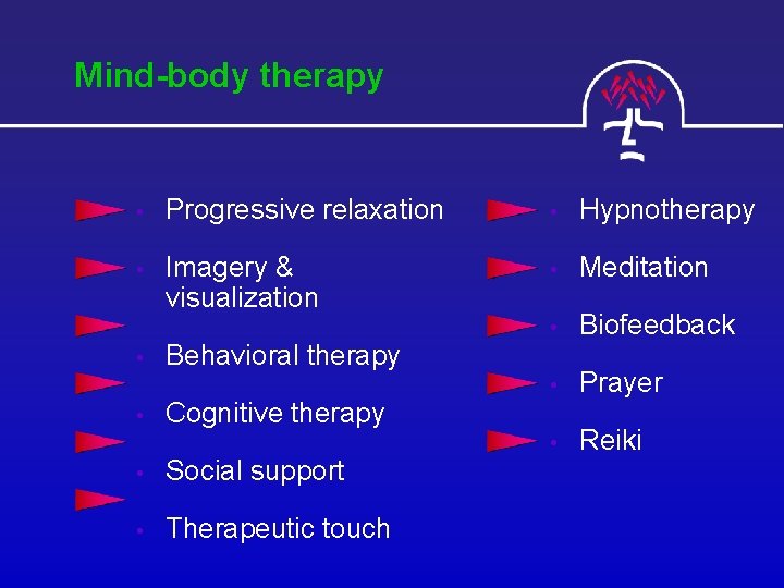 Mind-body therapy • Progressive relaxation • Hypnotherapy • Imagery & visualization • Meditation •