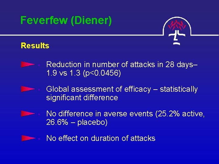 Feverfew (Diener) Results • Reduction in number of attacks in 28 days– 1. 9