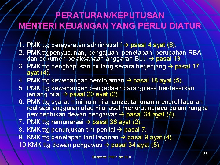 PERATURAN/KEPUTUSAN MENTERI KEUANGAN YANG PERLU DIATUR 1. PMK ttg persyaratan administratif pasal 4 ayat