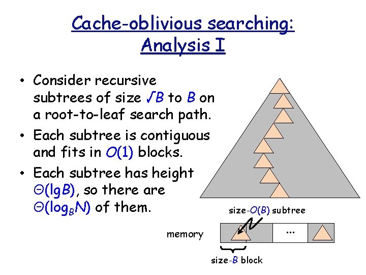 Cache-oblivious searching: Analysis I • Consider recursive subtrees of size √B to B on