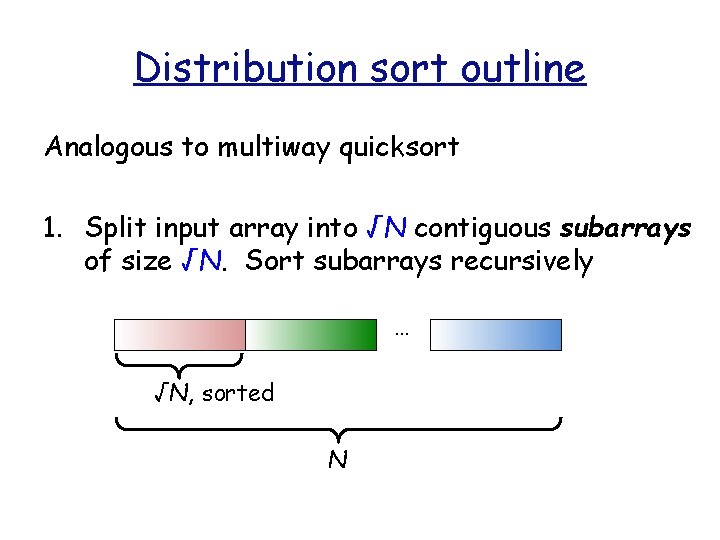 Distribution sort outline Analogous to multiway quicksort 1. Split input array into √N contiguous