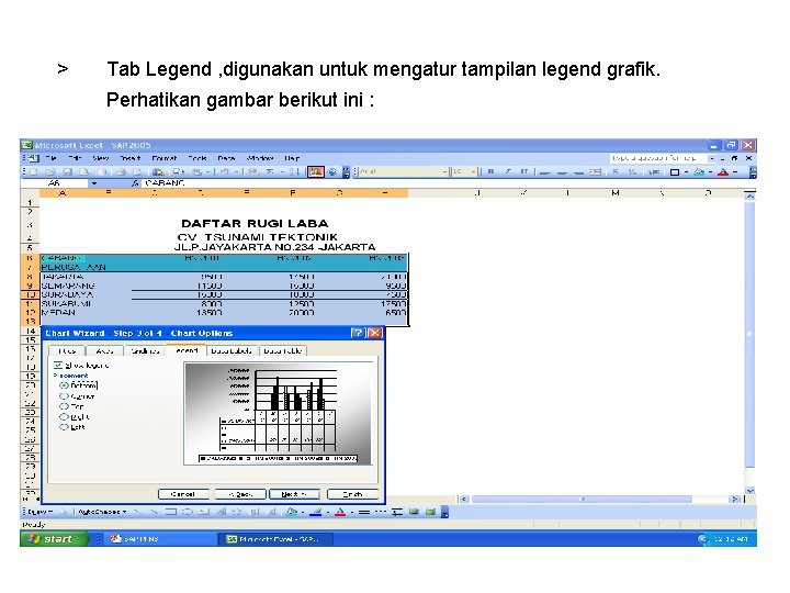 > Tab Legend , digunakan untuk mengatur tampilan legend grafik. Perhatikan gambar berikut ini