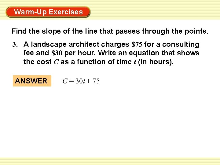 Warm-Up Exercises Find the slope of the line that passes through the points. 3.