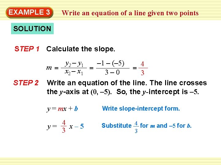 Warm-Up 3 Exercises EXAMPLE Write an equation of a line given two points SOLUTION
