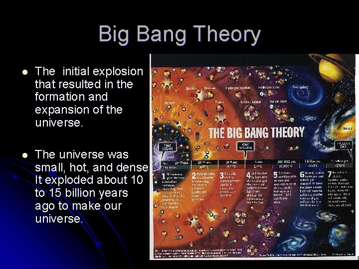 Big Bang Theory l The initial explosion that resulted in the formation and expansion