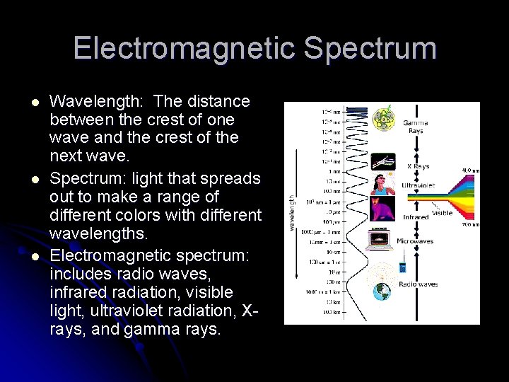 Electromagnetic Spectrum l l l Wavelength: The distance between the crest of one wave