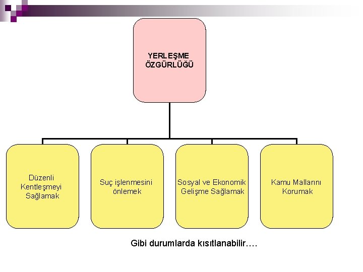 YERLEŞME ÖZGÜRLÜĞÜ Düzenli Kentleşmeyi Sağlamak Suç işlenmesini önlemek Sosyal ve Ekonomik Gelişme Sağlamak Gibi