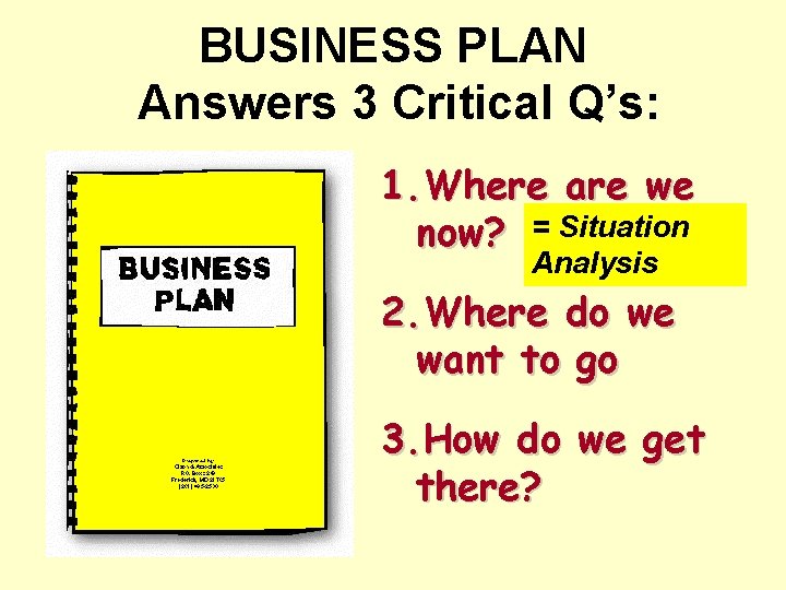 BUSINESS PLAN Answers 3 Critical Q’s: 1. Where are we now? = Situation Analysis BUSINESS PLAN Answers 3 Critical Q’s: 1. Where are we now? = Situation Analysis