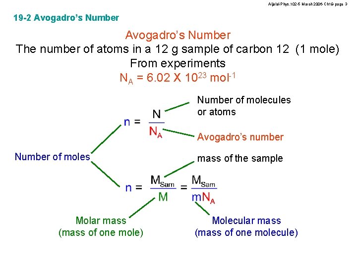 Aljalal-Phys. 102 -5 March 2006 -Ch 19 -page 3 19 -2 Avogadro’s Number The