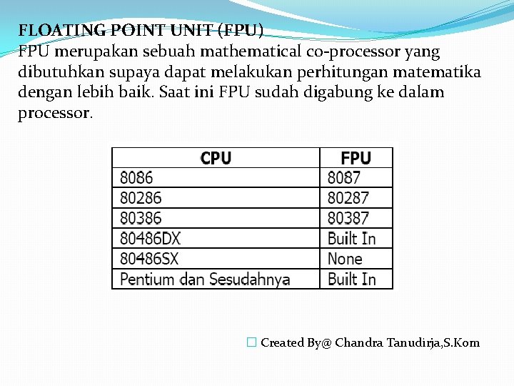 FLOATING POINT UNIT (FPU) FPU merupakan sebuah mathematical co-processor yang dibutuhkan supaya dapat melakukan