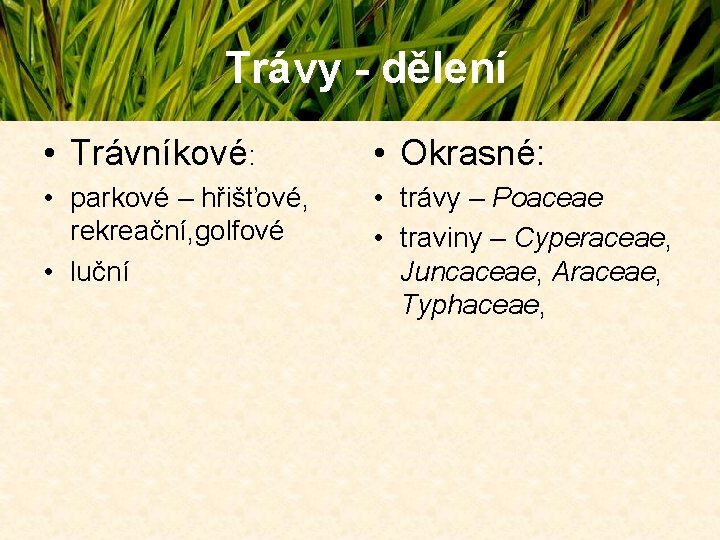 Trávy - dělení • Trávníkové: • Okrasné: • parkové – hřišťové, rekreační, golfové • Trávy - dělení • Trávníkové: • Okrasné: • parkové – hřišťové, rekreační, golfové •